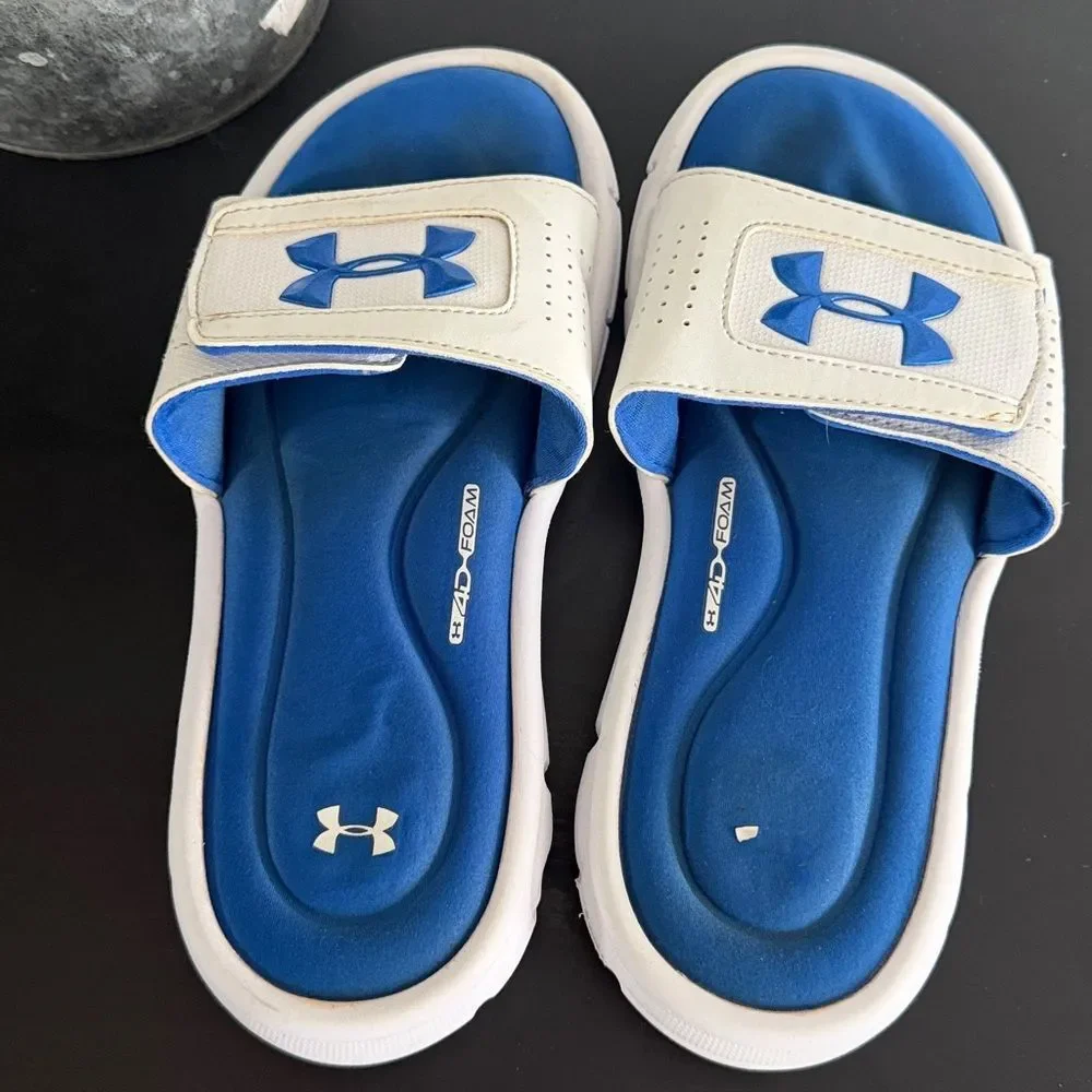 Under Armour Blue and White Slide Sandals 4Y
